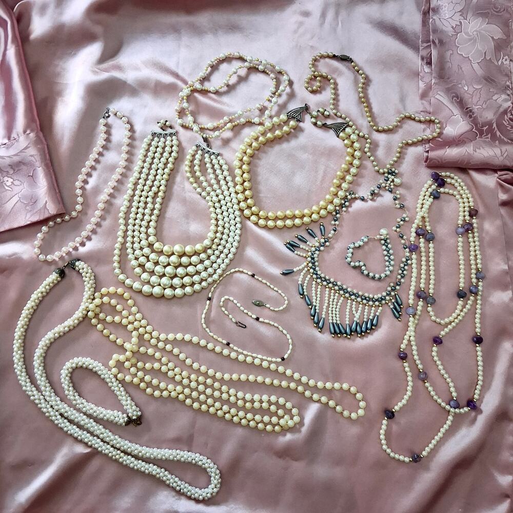 Pearl Jewelry Lot Necklace Bracelet FAUX Misc Stones Colors Eras Styles Costume